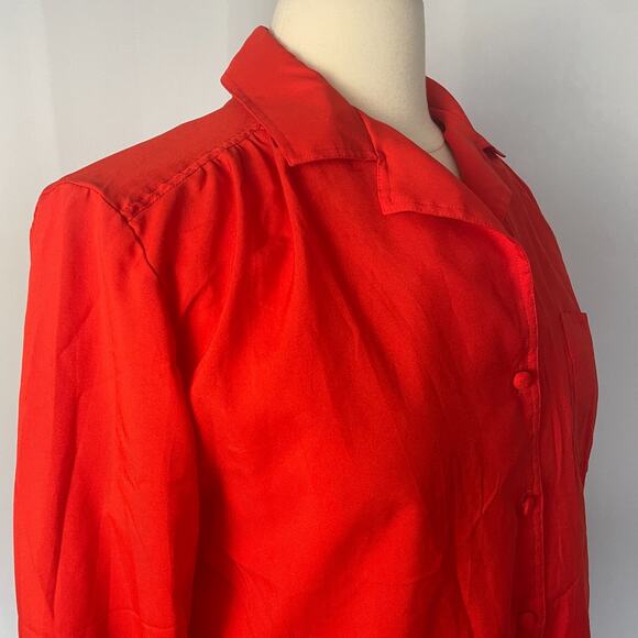 Vintage Top Blouse Size 14 Red Solid Long Sleeve Button Up Minimalist Office 90s - Picture 3 of 10
